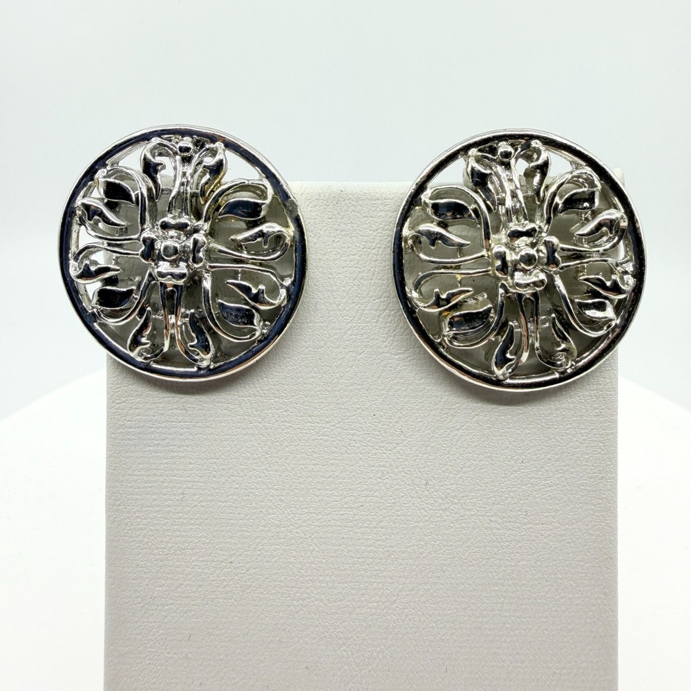 Silver Tone Filigree Floral Circle Clip-On Earrings - Boho Statement Style